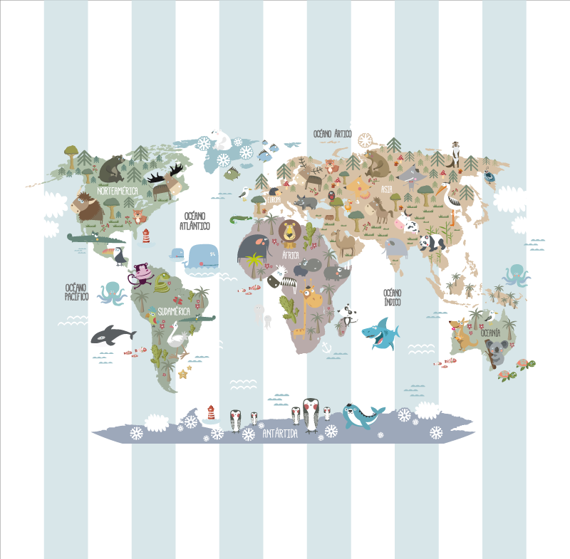 World map vinyl rug featuring animal life - TenStickers