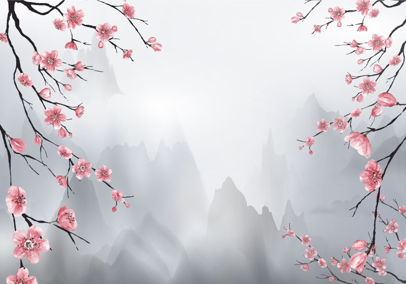 Gray vinyl rug with cherry blossoms and mountains - TenStickers