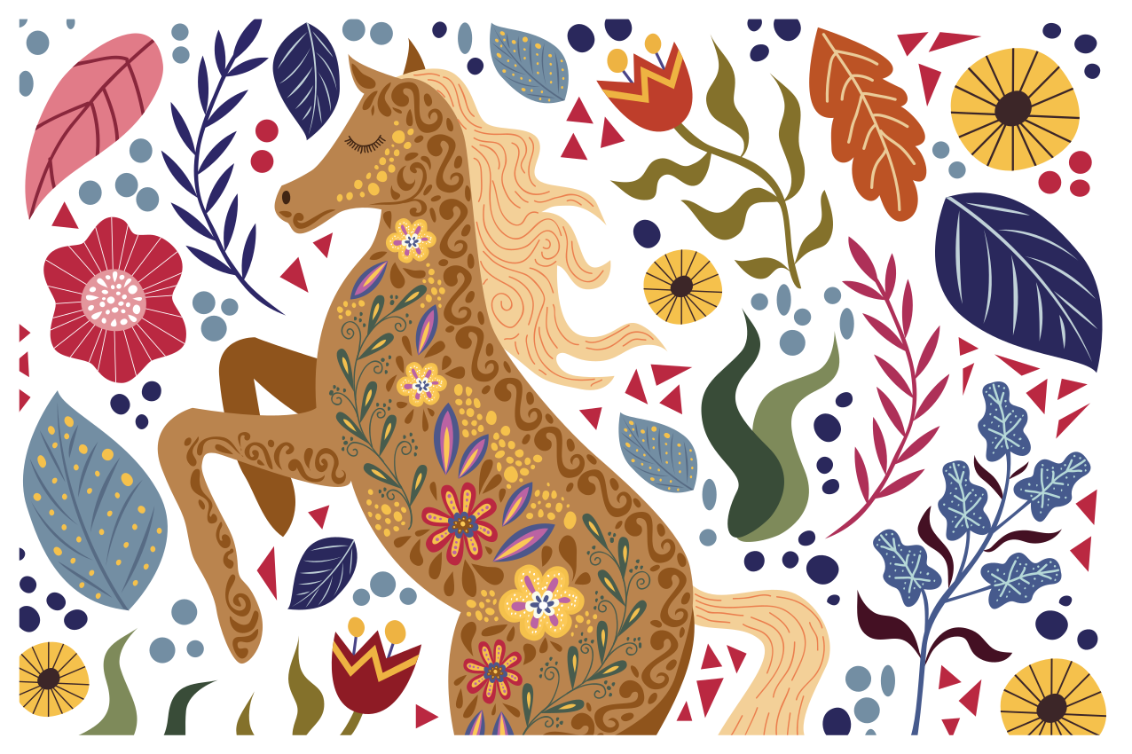 Wild horse folklore illustration floral rug - TenStickers