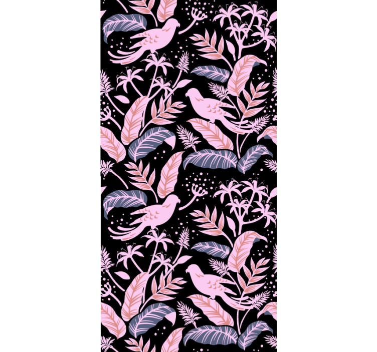 Kids wallpaper featuring black and pink birds on leaves - TenStickers