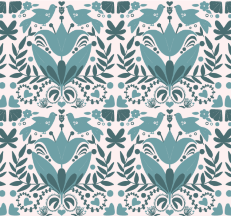 Kitchen wallpaper blue folk art pattern with birds - TenStickers