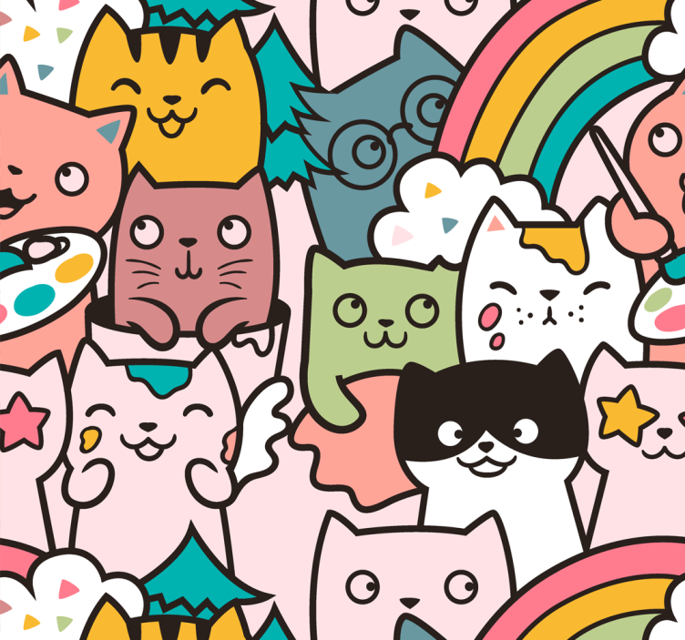 Bedroom wallpaper cat doodle pastel colors pattern - TenStickers