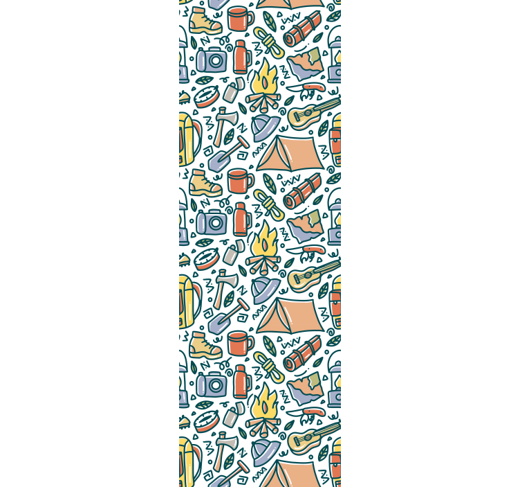 Bedroom wallpaper with hand-drawn mountains and camping gear - TenStickers