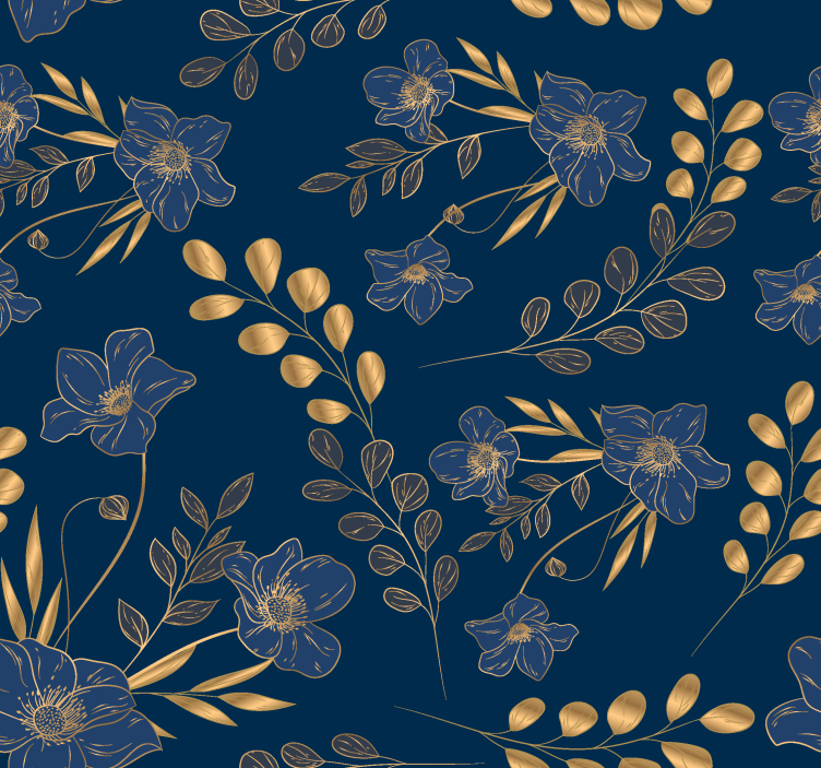 golden flowers pattern Navy wallpaper - TenStickers