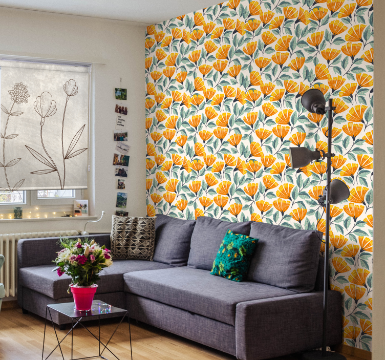 Ginkgo Floral Pattern living room wallpaper - TenStickers