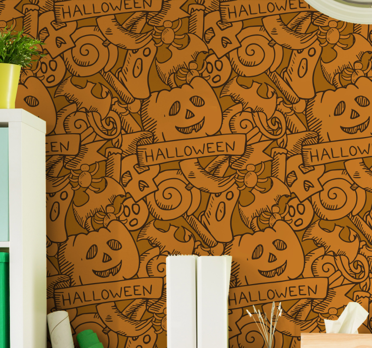 Bats, pumpkins and candy Orange Wallpaper - TenStickers