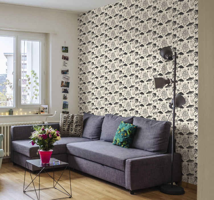 Black drawing mushrooms pattern  wallpaper - TenStickers