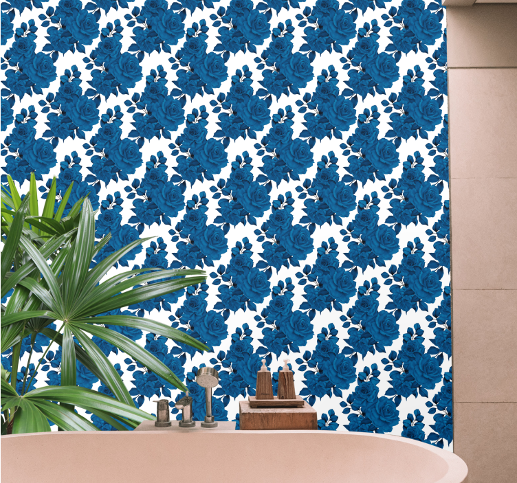 Blue rose bloom floral ornament wallpaper - TenStickers