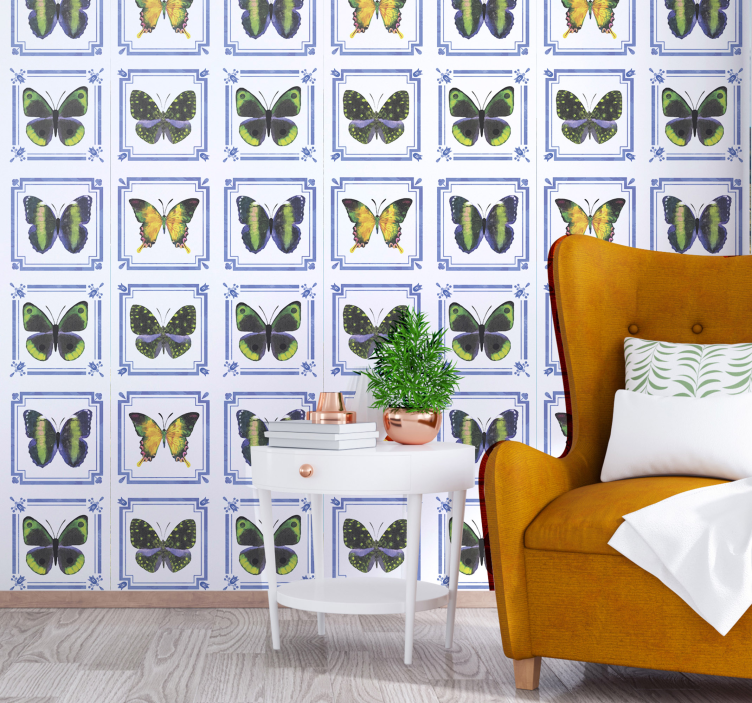 Blue Tile Pattern butterfly wallpaper - TenStickers