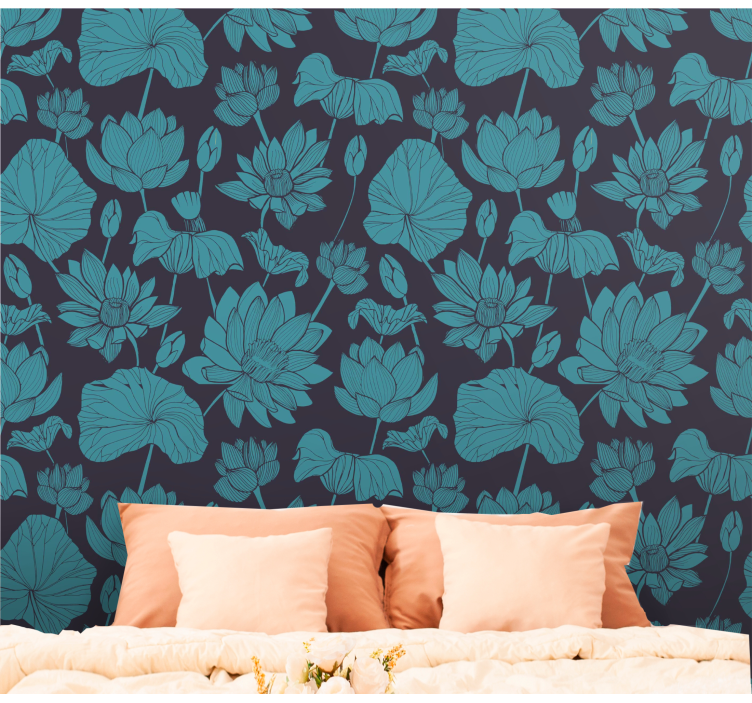 Blue vintage lotus flower wallpaper - TenStickers