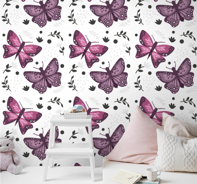 Pink motif with leaves butterfly wallpaper - TenStickers