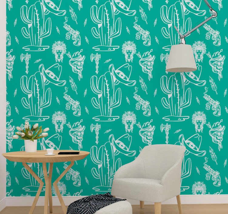 Cactus and hat western pattern Green Wallpaper - TenStickers