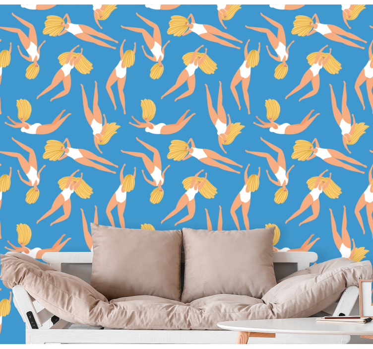 Cheerful Swimmers blue wallpaper - TenStickers