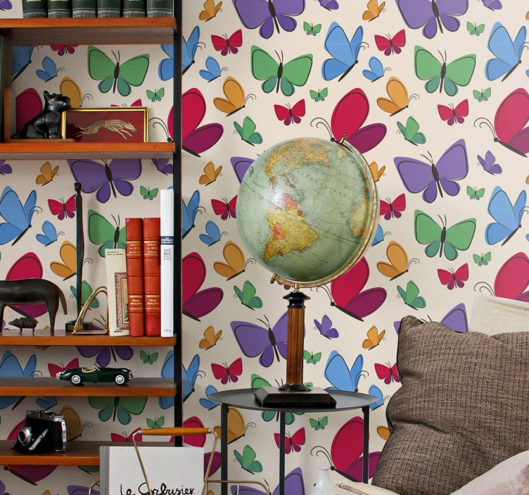 Colorful motif on beige backgroun butterfly wallpaper - TenStickers