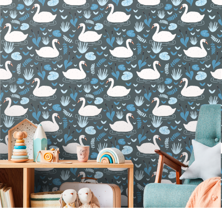 Elegant white swan pattern childrens wallpaper - TenStickers