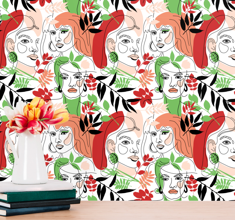 Faces and florals abstract wallpaper - TenStickers