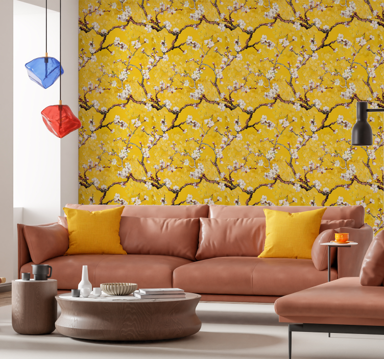 Floral spring pattern yellow wallpaper - TenStickers