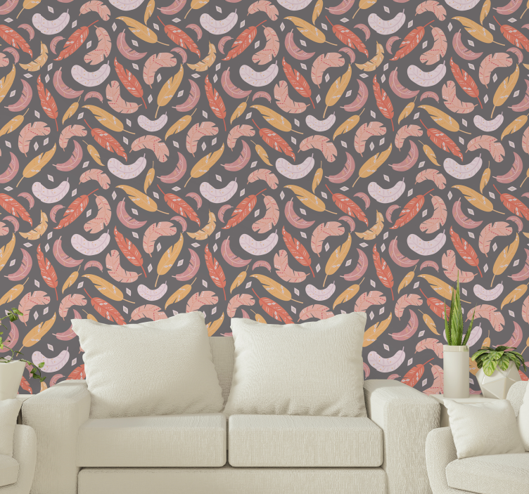 Gray background with feathers dining wallpaper - TenStickers