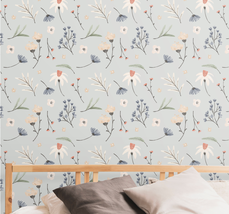Gray floral Hamptons pattern Flower wallpaper - TenStickers