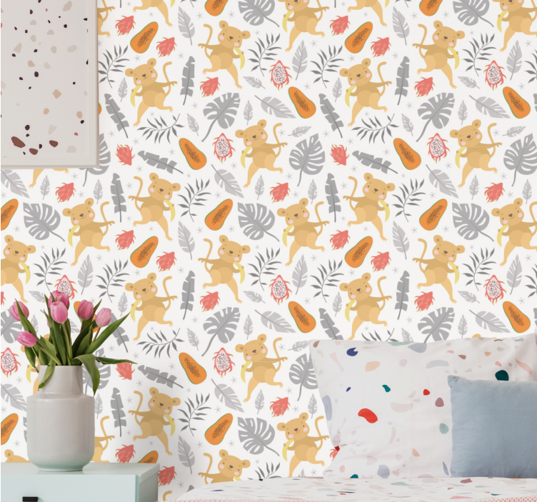 Monkeys in forest nordic style kids wallpaper - TenStickers