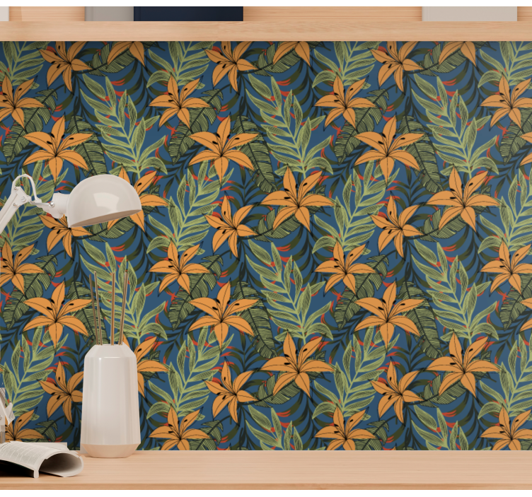 Jungle floral in blue background wallpaper - TenStickers