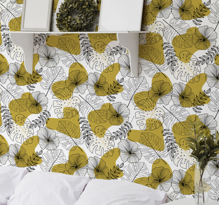 Monstera leafy pattern leaf wallpaper - TenStickers