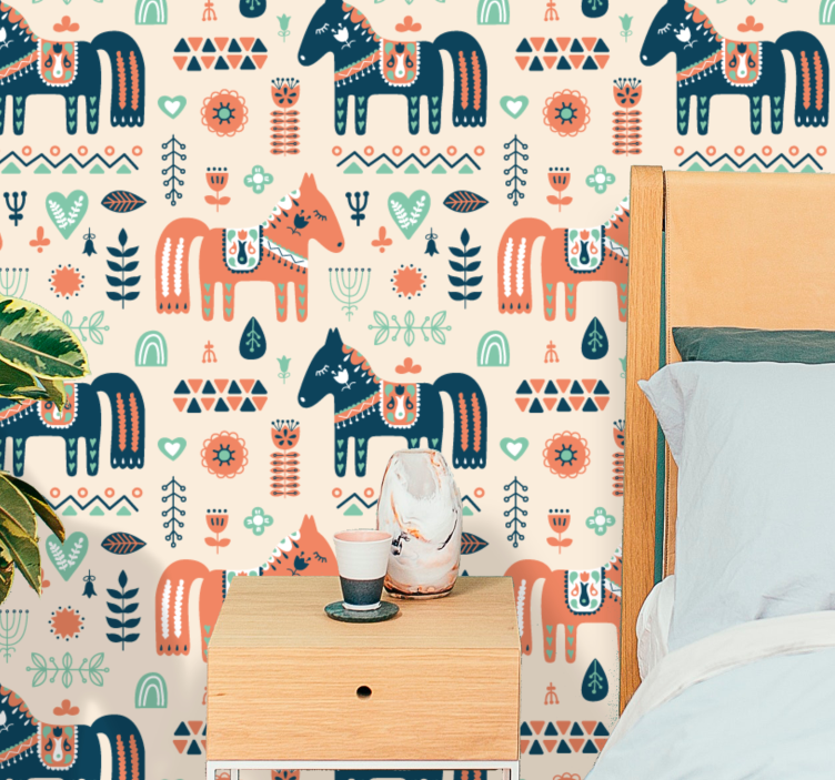 Nordic leaves on beige  horse  bedroom wallpaper - TenStickers