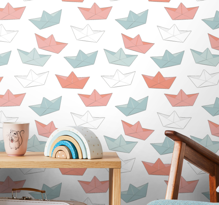 Origami boat pattern kids wallpaper - TenStickers