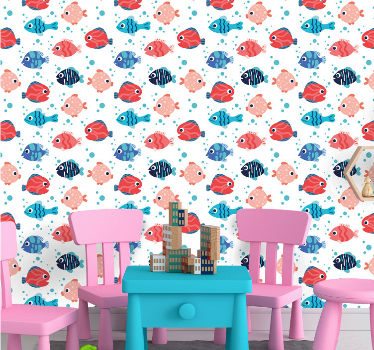 Pink and blue fishes Childrens Wallpaper - TenStickers