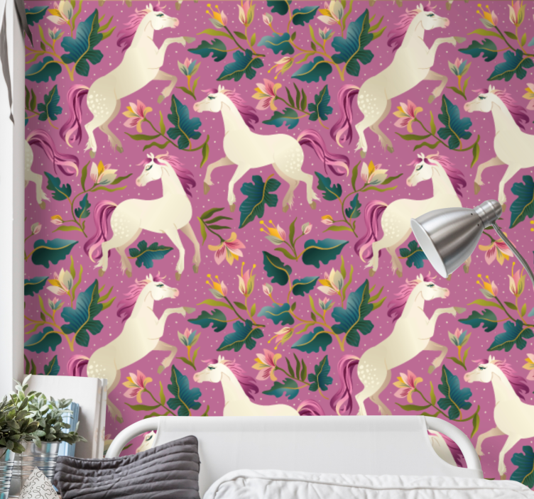 Pink and floral horse design bedroom wallpaper - TenStickers