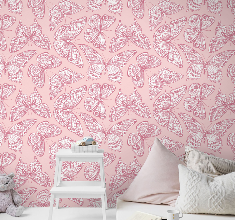 Pink and White Butterfly Wallpaper - TenStickers