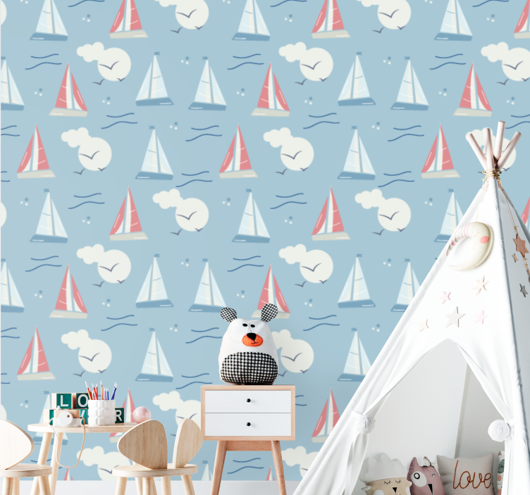 Sailboats and clouds kids wallpaper - TenStickers
