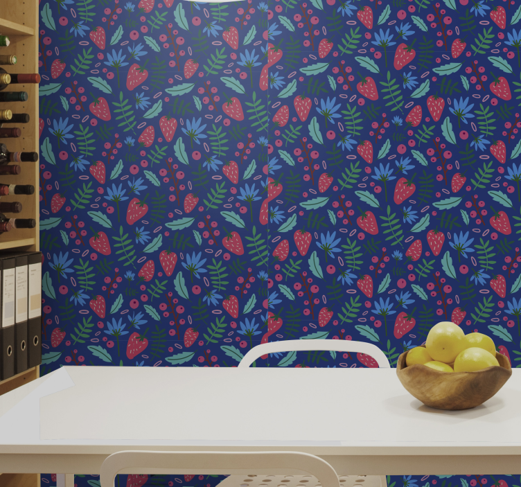 Strawberry pattern on blue background  wallpaper - TenStickers