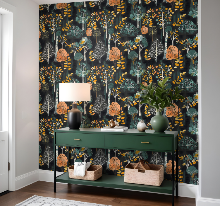 Trees pattern on black background entryway wallpaper - TenStickers