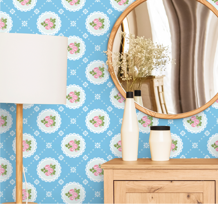 Vintage blue tiled pattern floral ornament wallpaper - TenStickers