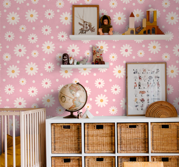 Vintage daisies with pink background wallpaper - TenStickers