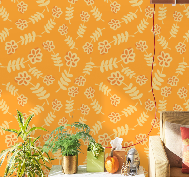 Yellow vibrant sprigs floral ornament wallpaper - TenStickers