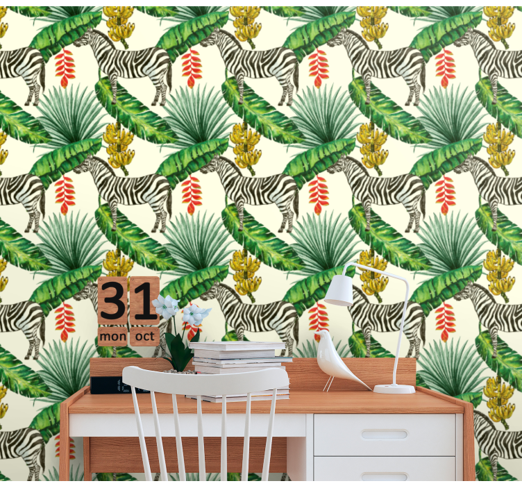Zebra and tropical leaves modern wallpaper - TenStickers